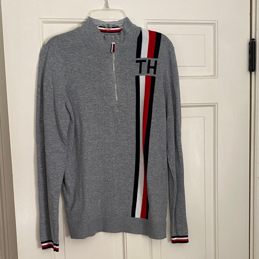 Tommy Hilfiger Gray Zip-Up Sweater with Red and Black Accents